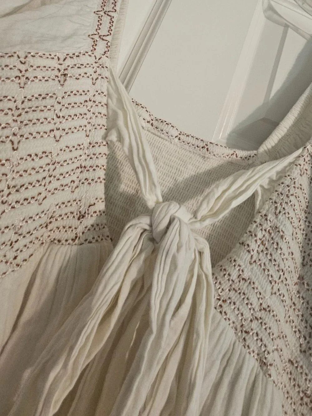 Free People Ivory Cotton Gauze Smocked Tie Back Mini Dress Size Small